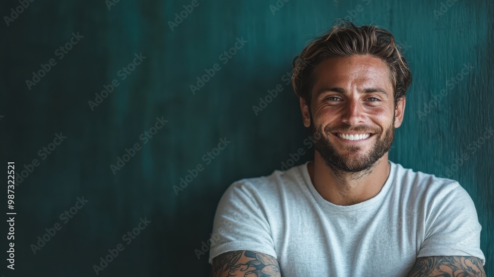 A bearded man with tattoos is smiling warmly against a teal-colored background, wearing a white t-shirt. His relaxed, warm demeanor conveys happiness and openness. A bearded man with tattoos is smiling warmly against a teal-colored background, wearing a white t-shirt. His relaxed, warm demeanor conveys happiness and openness.