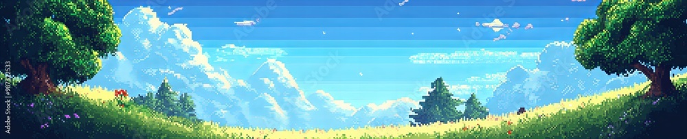 8bit retro background banner with green landscape, concept digital 80s and 90s aesthetics of computer games,