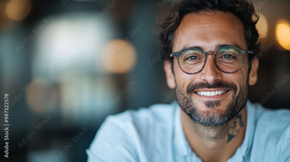 A man with glasses and a neck tattoo is smiling warmly in a casual blue shirt, reflecting a modern, friendly look that suggests intelligence and confidence. A man with glasses and a neck tattoo is smiling warmly in a casual blue shirt, reflecting a modern, friendly look that suggests intelligence and confidence.