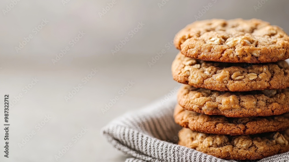 A neatly stacked pile of oatmeal cookies rests on a striped fabric napkin against a neutral background, showcasing their golden-brown color and inviting texture. A neatly stacked pile of oatmeal cookies rests on a striped fabric napkin against a neutral background, showcasing their golden-brown color and inviting texture.
