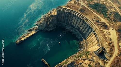 An old coastal city's enormous dam, which is situated where the land meets the sea, is the focal point of this aerial photo. photo