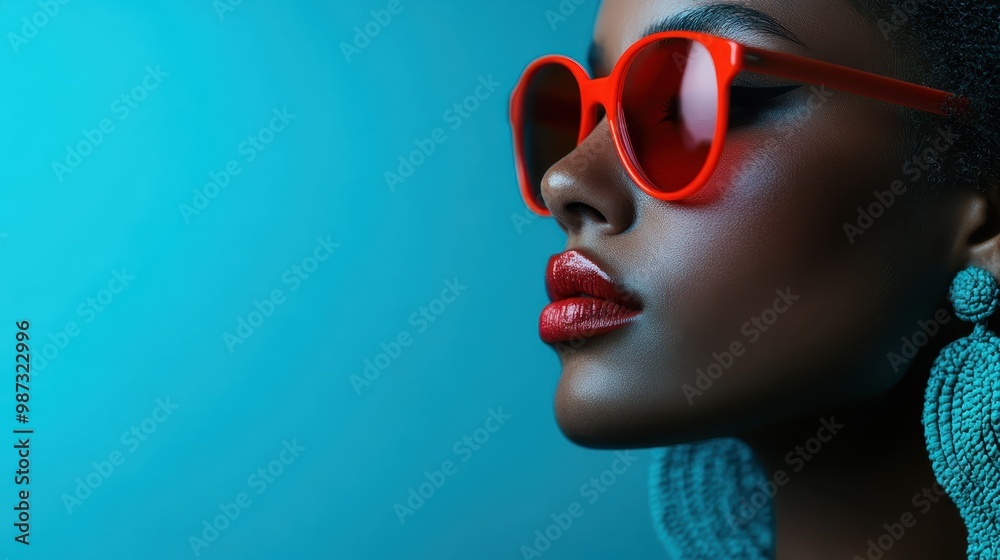An artistic shot featuring an individual adorned with striking red glasses and intricate blue earrings against a blue backdrop, conveying unique style and fashion.