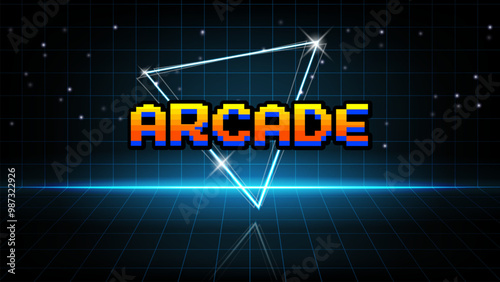 Arcade retro gamepixel art .8 bit game. for game assets in vector illustrations.Retro Futurism Sci-Fi Background. glowing neon grid.and stars from vintage arcade comp	