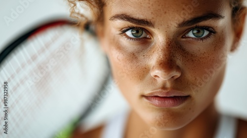 A determined woman with freckles is focused on holding a tennis racket, showcasing her intense concentration and athletic dedication, ready for a strong performance. photo