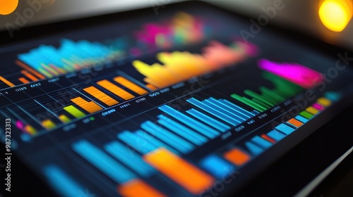 Diagram analysis on a tablet computer with lots of vibrant charts