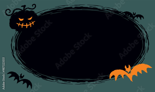 Grunge Halloween Pumpkin with Bats over Black Ellipse Green Frame Party Invitation Flyer Vector Landscape Background