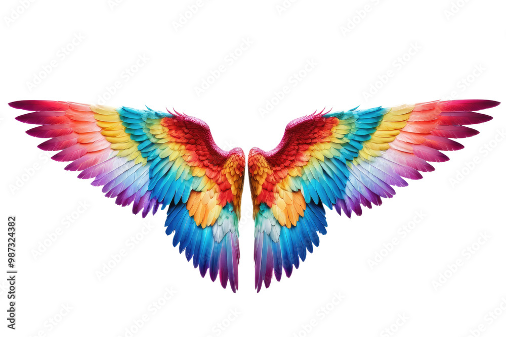 Fototapeta premium A single pair of angel devil wings spread in a full-body stance, exhibiting hues of pastel contrasted with vibrant colors, isolated with meticulous precision on a stark white background, high-quality