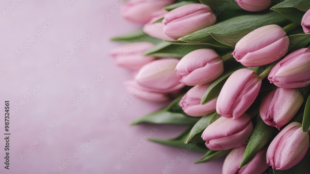 A vivid close-up of fresh, lush pink tulips placed gently on a soft pink surface, exuding elegance and a sense of calm, perfect for any decorative setting. A vivid close-up of fresh, lush pink tulips placed gently on a soft pink surface, exuding elegance and a sense of calm, perfect for any decorative setting.