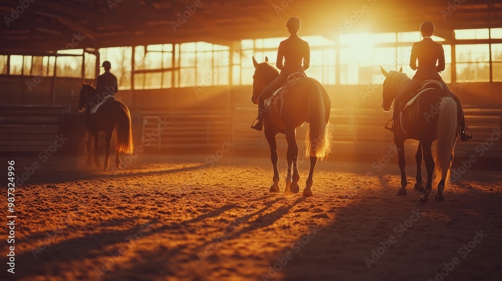 Obraz premium Young riders training on horses indoors