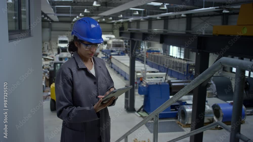 Confident young engineer, an Indian woman, in a blue helmet and gray work coat at a factory, posing with tablet in hand, portrait shot.
