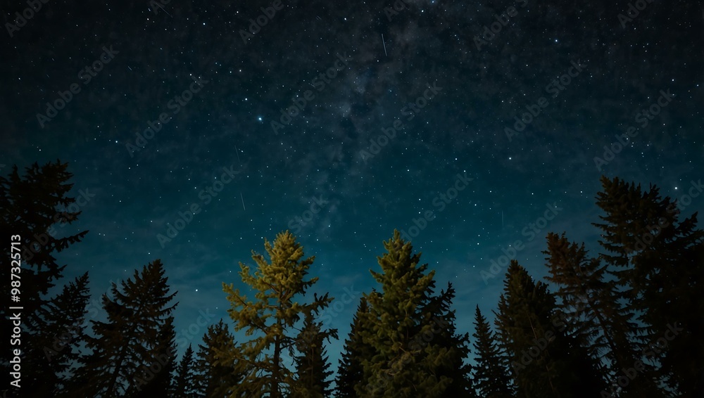 A star-filled sky over a tall tree forest at night. A star-filled sky over a tall tree forest at night.