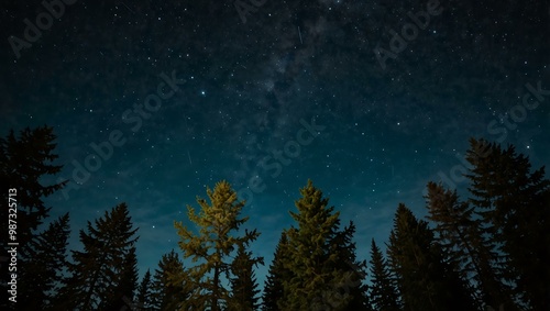 A star-filled sky over a tall tree forest at night.