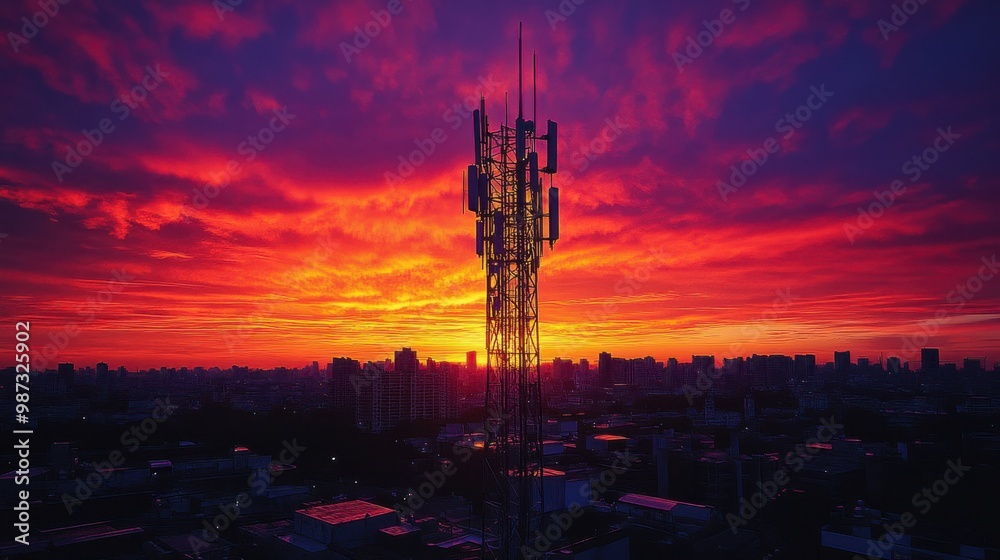 Naklejka premium Silhouetted Cell Tower Against a Vibrant Sunset
