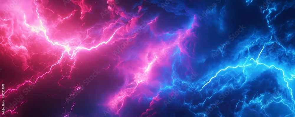 Vibrant pink and blue electric lightning energy bolts on a dark background, representing power, energy, and dynamic forces in nature. Vibrant pink and blue electric lightning energy bolts on a dark background, representing power, energy, and dynamic forces in nature.