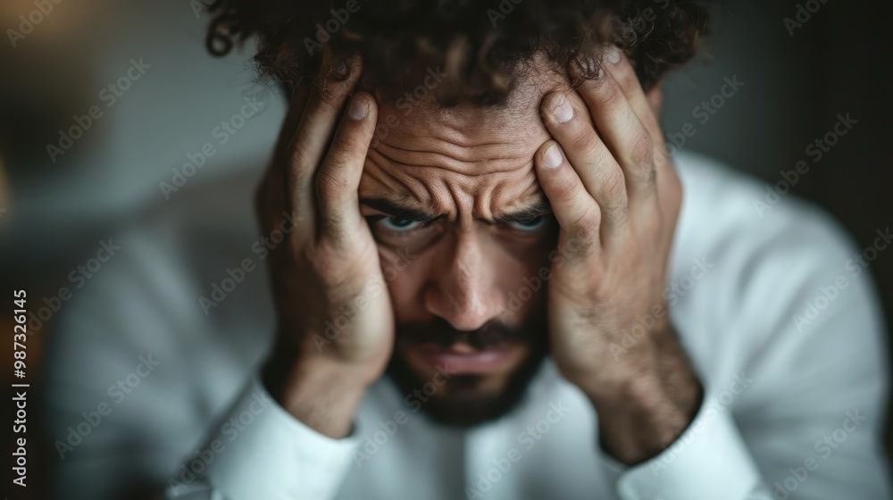 An intense close-up of a man exuding stress and frustration as he presses his hands against his temples, displaying the raw emotion of a troubled moment. An intense close-up of a man exuding stress and frustration as he presses his hands against his temples, displaying the raw emotion of a troubled moment.