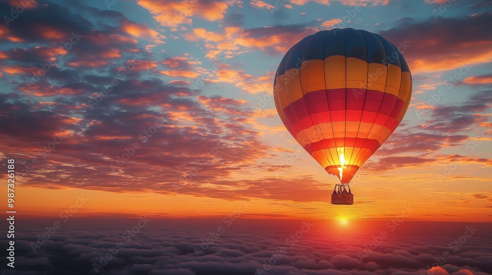 Obraz premium Colorful hot air balloon flying above clouds at sunset.