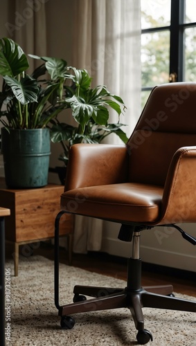 A stylish brown office chair beside a lush indoor plant. photo