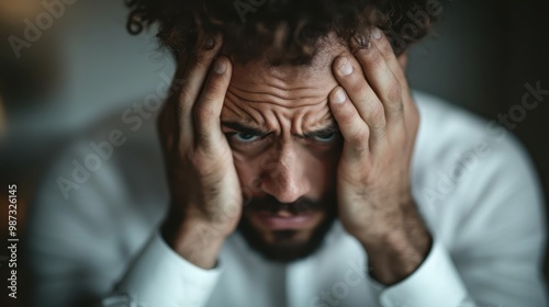 An intense close-up of a man exuding stress and frustration as he presses his hands against his temples, displaying the raw emotion of a troubled moment.