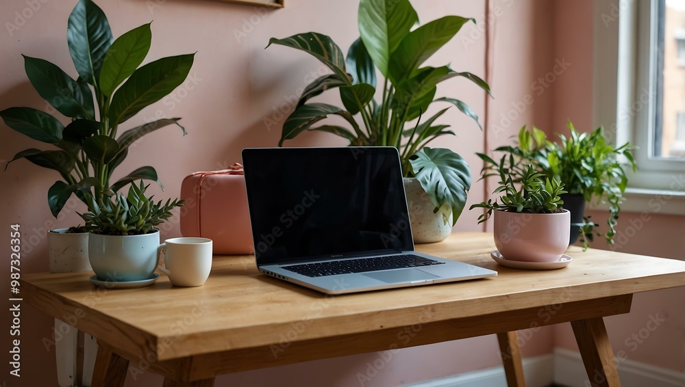 A stylish workspace features a pastel laptop and vibrant plants.