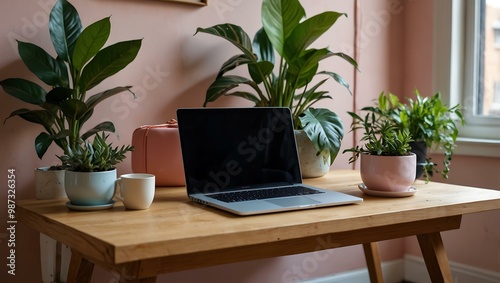 A stylish workspace features a pastel laptop and vibrant plants.