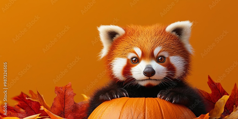Cute red panda with pumpkin, autumn leaves Cute red panda with pumpkin, autumn leaves
