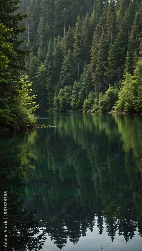 A tranquil lake surrounded by a dense forest. A tranquil lake surrounded by a dense forest.