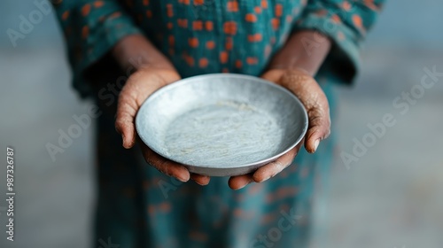 Hands are shown holding a silver plate with intricate patterns, suggesting a gesture of offering or hospitality, symbolizing care and meticulousness. photo