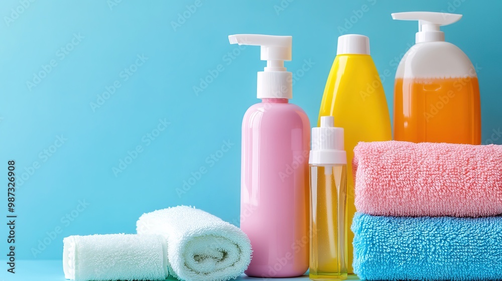Essential personal hygiene products including soaps, shampoos, deodorants, and dental care items arranged neatly on a bathroom shelf, Essential personal hygiene products including soaps, shampoos, deodorants, and dental care items arranged neatly on a bathroom shelf,