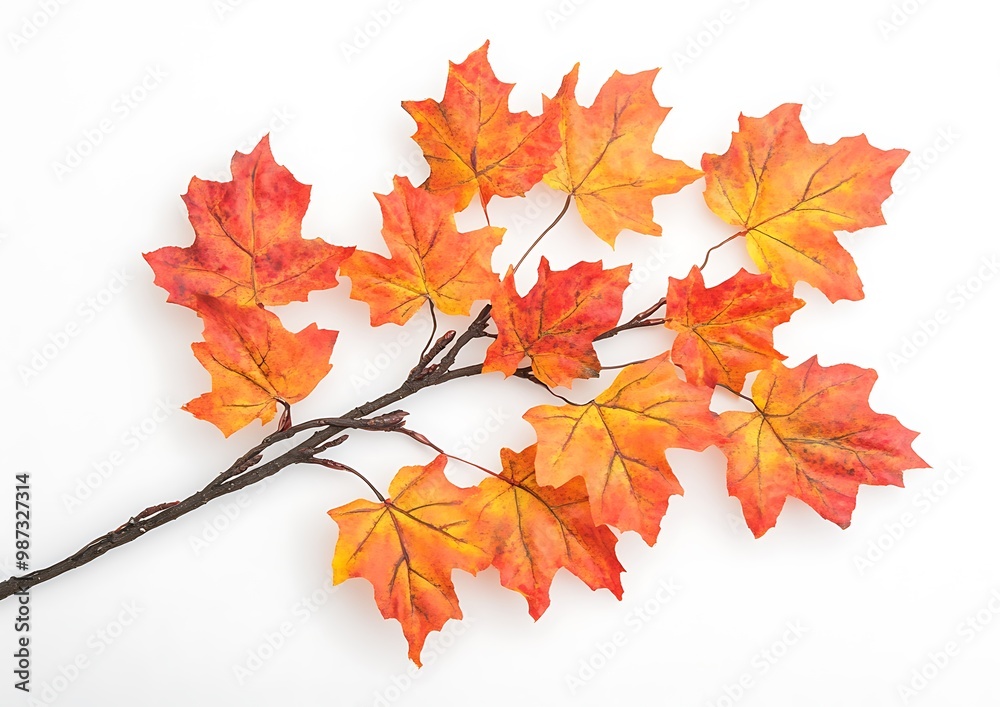 A branch with orange and red maple leaves isolated on a white background. A branch with orange and red maple leaves isolated on a white background.