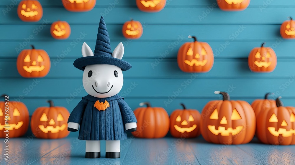 Cheerful Halloween donkey toy on festive backdrop Cheerful Halloween donkey toy on festive backdrop
