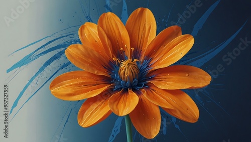 A vibrant illustration of an orange flower with flowing blue lines.
