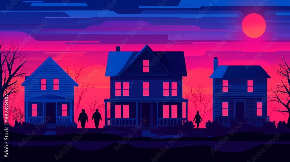 Silhouette houses against vibrant sunset sky Silhouette houses against vibrant sunset sky