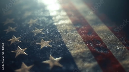 The image shows a close-up of the United States flag with a focus on the stars and stripes, illuminated by a light source creating a bokeh effect. The angle and lighting add depth and texture.