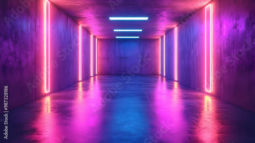 Neon Lights in Concrete Corridor 3D Illustration