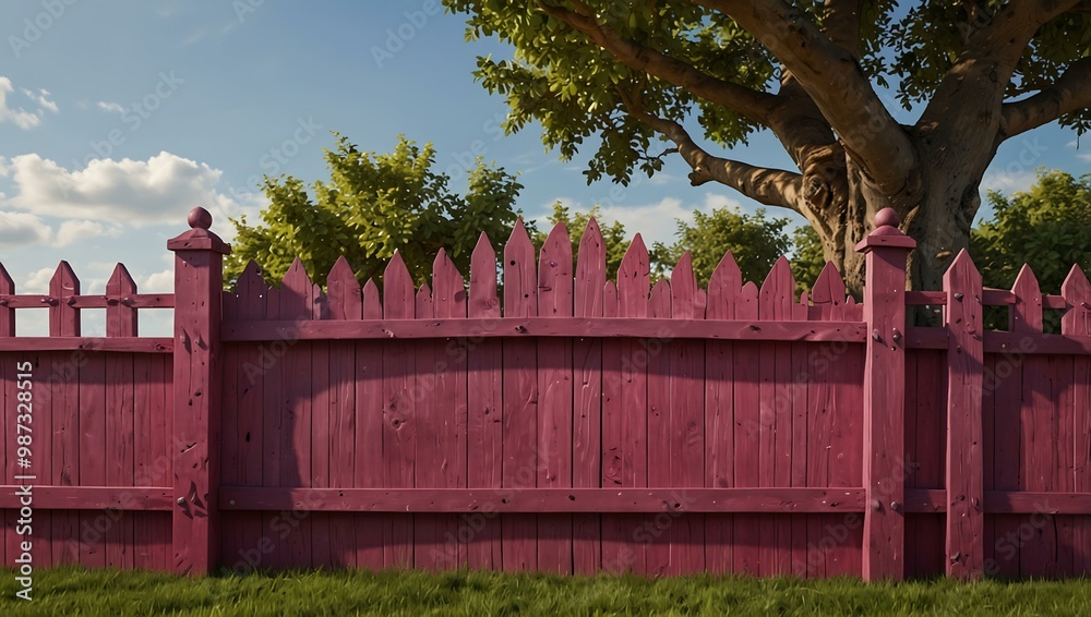 A whimsical cartoon wooden fence with a vibrant magenta door. A whimsical cartoon wooden fence with a vibrant magenta door.