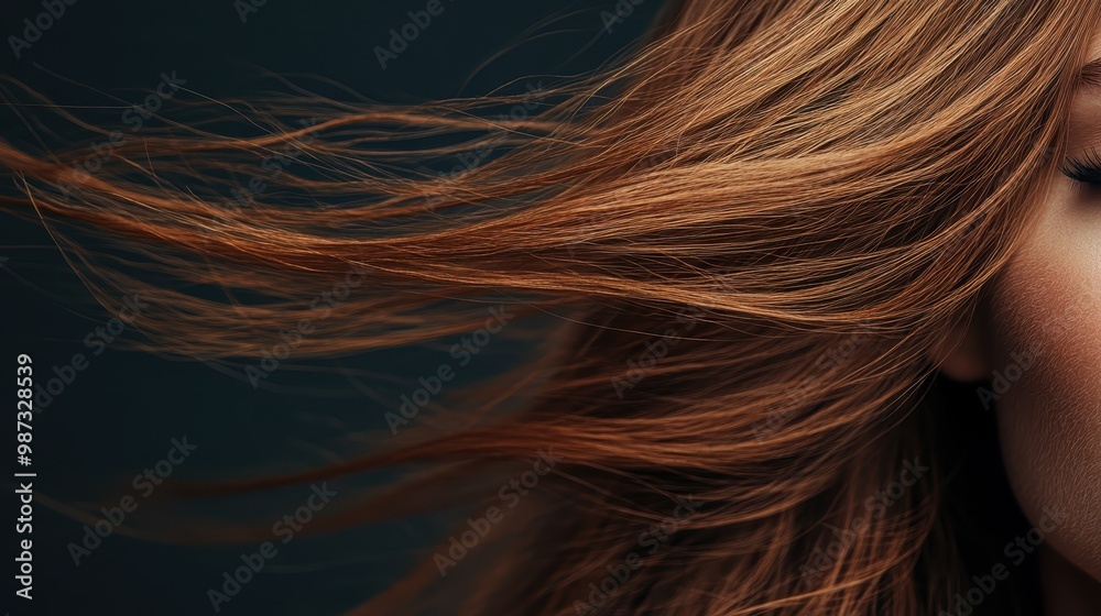 A dynamic and artistic shot showcasing red hair flowing in the wind against a dark background. The image highlights the movement and texture of the hair strands. A dynamic and artistic shot showcasing red hair flowing in the wind against a dark background. The image highlights the movement and texture of the hair strands.