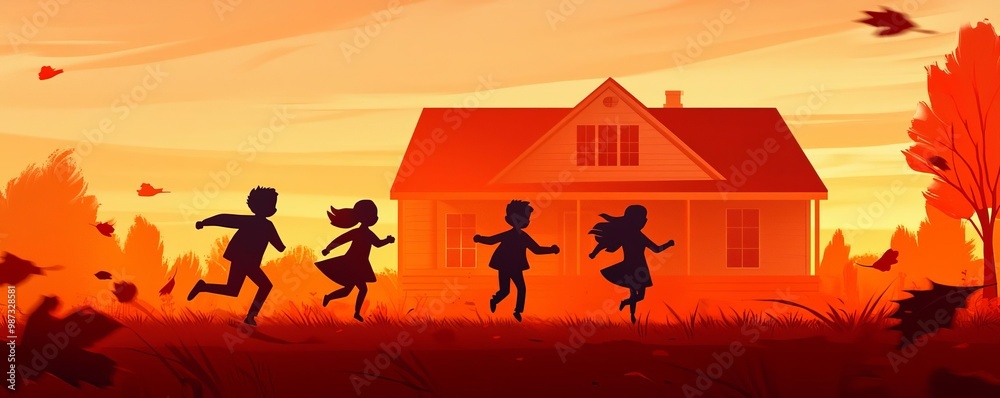 Children playing outside during autumn sunset Children playing outside during autumn sunset