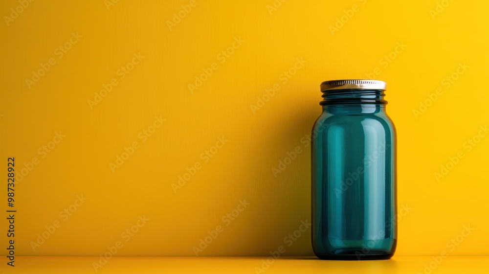 A greenish blue glass jar with a silver metal lid placed against a bold yellow background, providing a stark and visually appealing contrast. A greenish blue glass jar with a silver metal lid placed against a bold yellow background, providing a stark and visually appealing contrast.