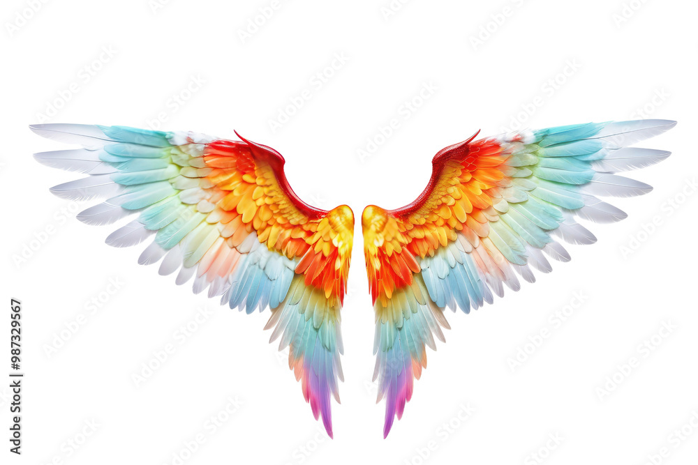 A single pair of angel devil wings spread in a full-body stance, exhibiting hues of pastel contrasted with vibrant colors, isolated with meticulous precision on a stark white background, high-quality A single pair of angel devil wings spread in a full-body stance, exhibiting hues of pastel contrasted with vibrant colors, isolated with meticulous precision on a stark white background, high-quality
