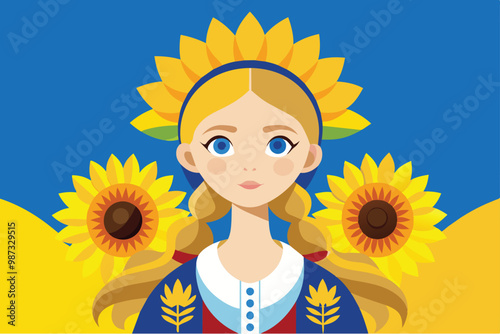 Set against a blue background, a woman with sunflowers captures the essence of beauty and tranquility in nature.