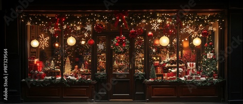 Festive Holiday Glow: Window Display with Christmas Lights, Decorations, and Cozy Ambiance