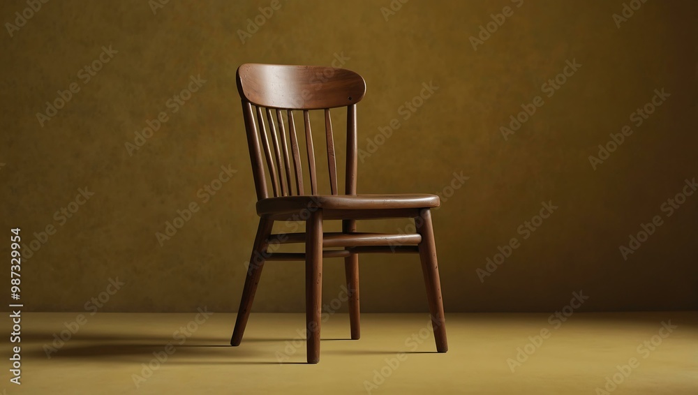 A wooden chair against a yellow background. A wooden chair against a yellow background.