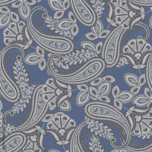 Paisley vector seamless design featuring stunning flowers and leaves in a batik-inspired style. Vintage backdrop