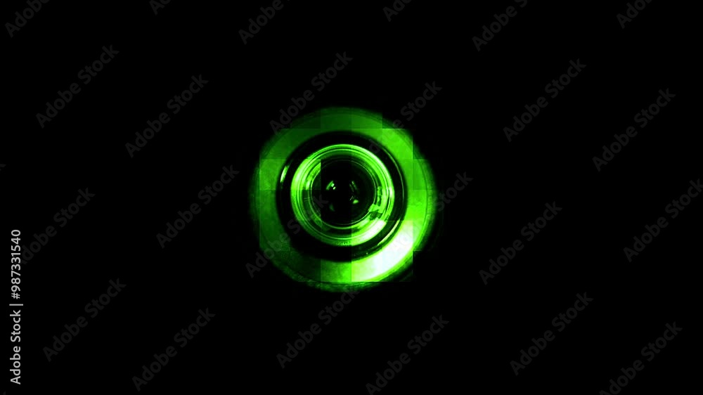 Glitchy footage of a slow zoom into a camera lens symbolizing a dystopian surveillance future