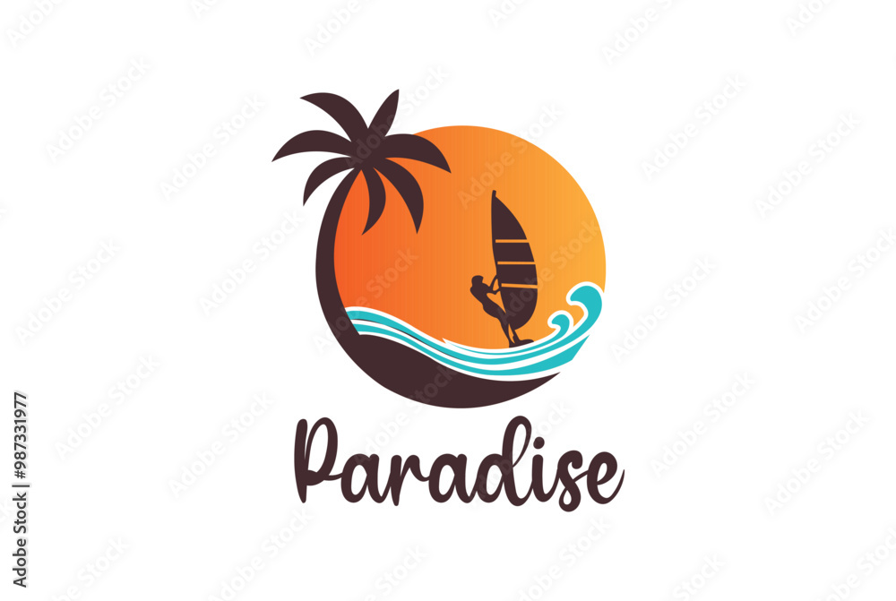 palm tree boat logo element, Palm tree with sun and boat icon of summer and travel logo vector illustration - Paradise logo palm tree boat logo element, Palm tree with sun and boat icon of summer and travel logo vector illustration - Paradise logo