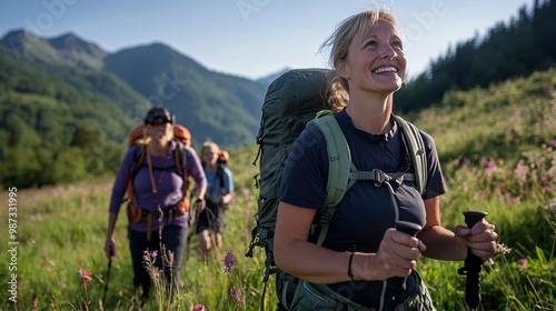 Eco-Friendly Hikers Embrace Sustainable Adventure in Pristine Mountain Setting photo