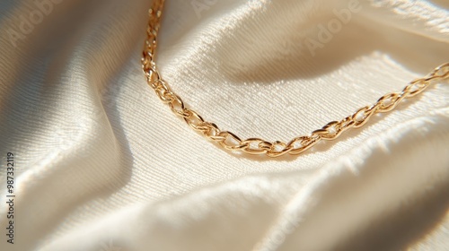 Close-up view of a gold chain necklace on white textured fabric, shining in soft, natural light