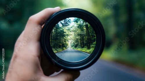 A hand holding a camera lens, focusing on a road winding through a lush green forest.