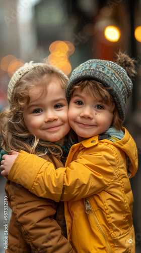 Two adorable children sharing a warm hug outdoors, showcasing the pure joy of friendship and childhood innocence.