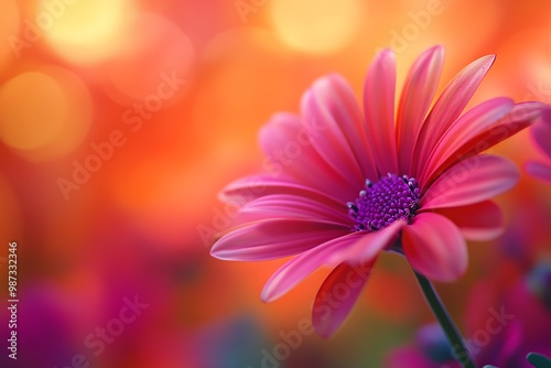 Close-up of a vibrant pink daisy against a colorful bokeh background. Perfect for spring and nature-themed designs.